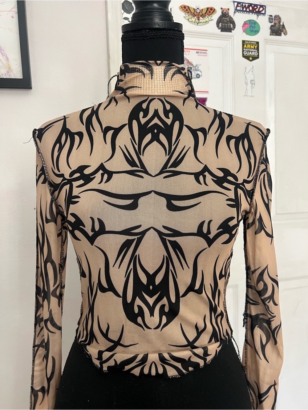 Women's Long Sleeve Mesh Mock Neck Top in Beige and Black